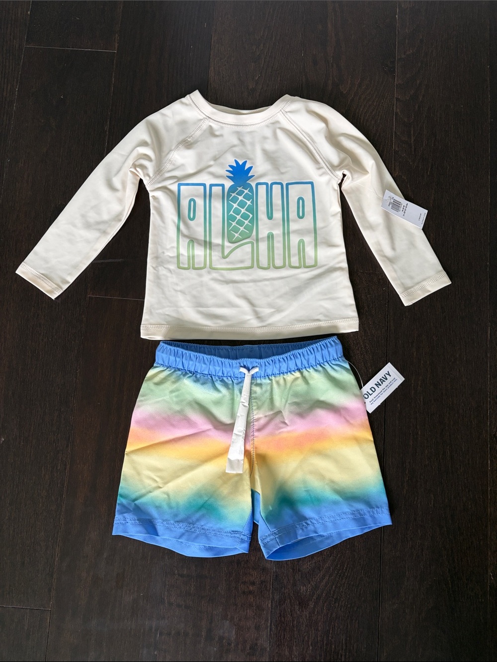 Old Navy Kids 'Aloha' Rash Guard Set - Cream Top & Rainbow Swim Shorts